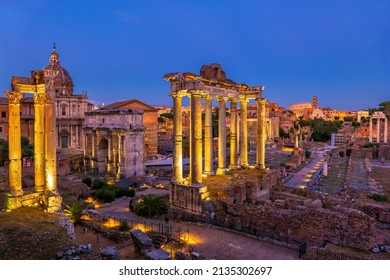 Nighfall at the ruins of ancient Roman Forum in city of Rome in Italy.  - Shutterstock ID 2135302697