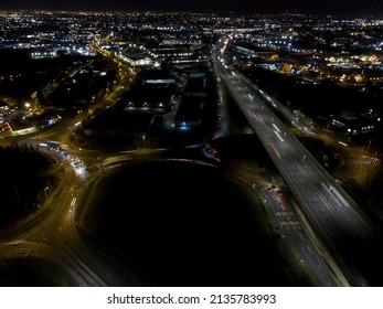 Night Aerial View Of The Black Country And Birmingham UK With Motorway Traffic