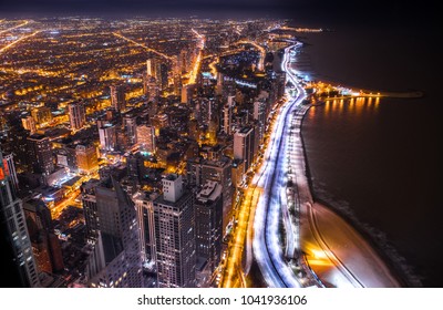 Night Aerial View Of Chicago From Observation Deck