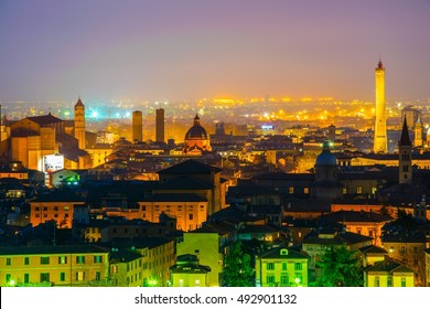 night aerial view of the italian city bologna