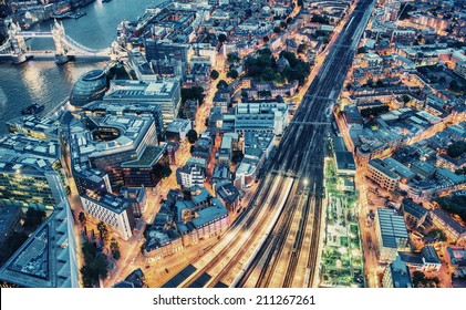 Night aerial view of London.