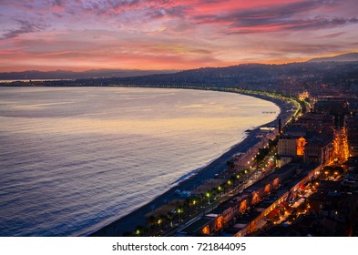 Night Aerial View Of Nice, Cote D'Azur, French Riviera, France