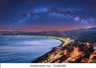 Night Aerial View Of Nice, Cote D'Azur, French Riviera, France