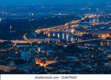Night aerial view of Prague cityscape, Czech Republic.