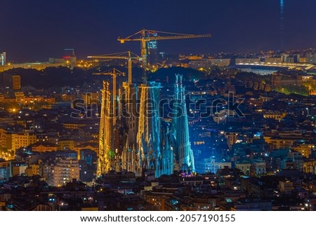 Night aerial view of Sagrada Familia cathedral in Barcelona, Spain