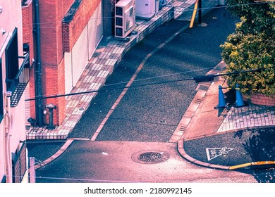 Night Alley With Nobody In Tokyo Neighborhood In Residential Area At Late Night. TRANSLATION: 