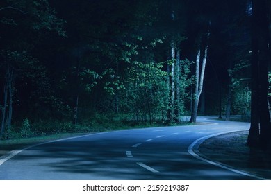 Night asphalt footpath in park lighted by street lamp. Nighttime with curvy roadway in forest at national park. Night road in forest. Scenic night landscape of road through the park. - Shutterstock ID 2159219387