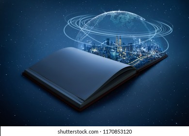 Night Beautiful Scene Of Modern City Skyline Pop Up In The Open Book Pages With Global World Telecommunication Network Connected Around Planet Earth .