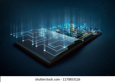 Night Beautiful Scene Of Modern City Skyline Pop Up In The Open Book Pages With Smart Working Data Wireless Connections Iot Automation System .