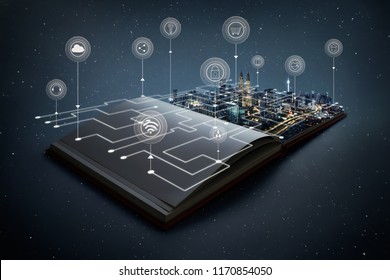 Night Beautiful Scene Of Modern City Skyline Pop Up In The Open Book Pages With Smart Home Controlled Wireless Connections Iot Automation System .