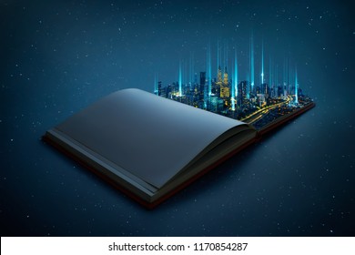 Night Beautiful Scene Of Modern City Skyline Pop Up In The Open Book Pages With Smart Big Data  Wireless Connections Iot Automation System .