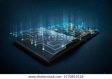 Night beautiful scene of modern city skyline pop up in the open book pages with smart working data wireless connections iot automation system .