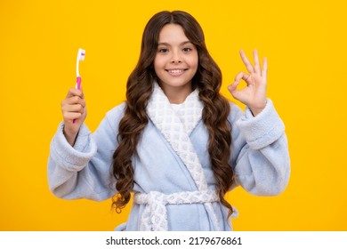 Night Brushing Teeth. Girl Cleaning Teeth. Kid Brushing Teeth With Brush. Dental Hygiene, Tooth Care. Girl Cares About Health Of His Teeth.