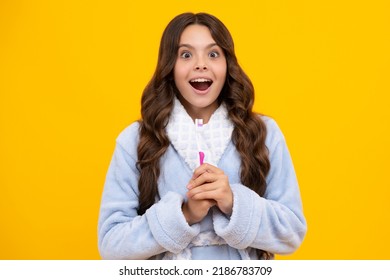 Night Brushing Teeth. Girl Cleaning Teeth. Kid Brushing Teeth With Brush. Dental Hygiene, Tooth Care. Girl Cares About Health Of His Teeth. Excited Expression, Cheerful And Glad.