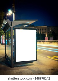 Night Bus Station With Blank Billboard