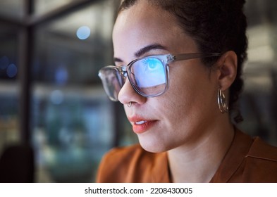 Night Business Woman With Computer On Glasses Reflection For Company Innovation Or Eyes Healthcare In Digital, Information Technology Career. Corporate Manager Reading, Coding Or Software Development