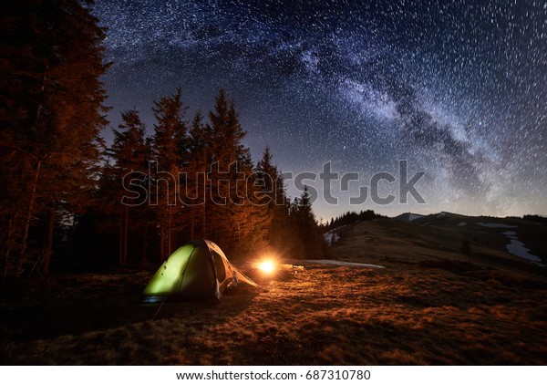 Night Camping Illuminated Tent Campfire Near Stock Photo Edit Now