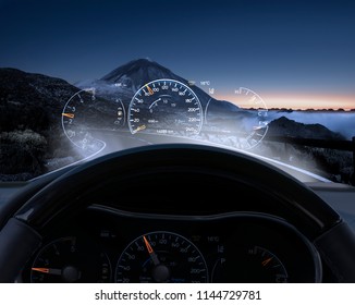 night car ride by car equipped with Head-up display