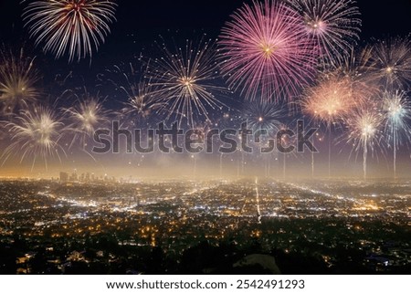 night celebration with bright firework in city