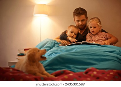 Night, children or father reading book in bed for learning, education or storytelling at home with dog. Family, relax or dad with siblings for a fun fantasy with a pet puppy, golden retriever or kids - Powered by Shutterstock