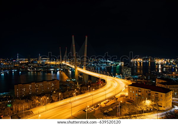 night city covered in lights. the Gulf sea and high\
bridge, leading through it, all the lights and patches of light on\
the water