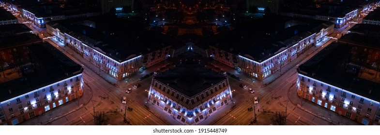 Night City Illumination, Neon Light, Street Illumination, Night City Top View. Houses And Buildings, City Center. 