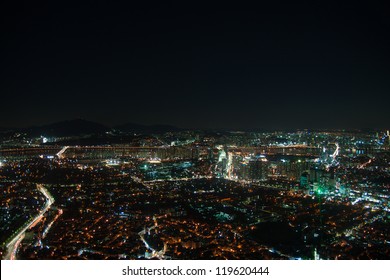 Night City Life From Seoul. Suitable For A Futuristic O Night View For A Modern City.