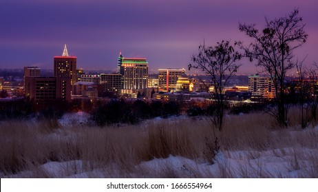 Night And City Light Of Boise Idaho In Winter