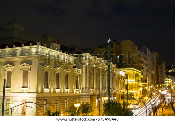 Night city lights of\
Athens, Greece