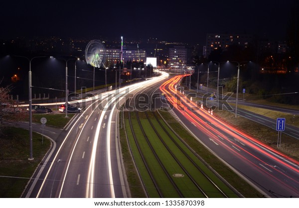 Night city lights car light\
trails