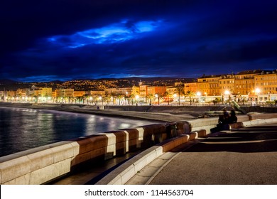 Night City Skyline Of Nice In France From Seaside Promenade.