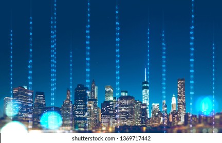 Night cityscape with binary numbers. Concept of smart city and internet of things. Cryptocurrency and fintech. Toned image double exposure