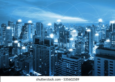 Night Cityscape And Internet Network Connection Cloud Technology For Communication , Business And Technology Concept