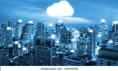 Night Cityscape And Internet Network Connection Cloud Technology For Communication , Business And Technology Concept