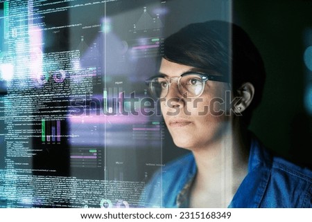 Night, code and hologram with woman in office for programming, future and software development. Big data, networking and technology with female developer for cloud computing, programmer and coding