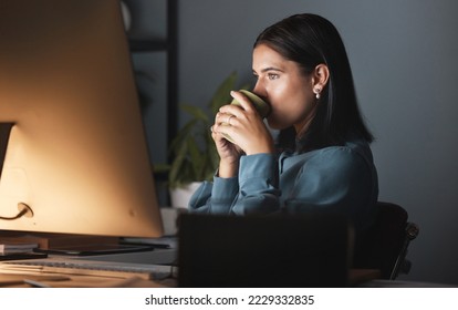 Night, computer and coffee business woman at desk planning, thinking and productivity for global networking company. Copywriting, inspiration and monitor with creative manager strategy on desktop pc - Powered by Shutterstock