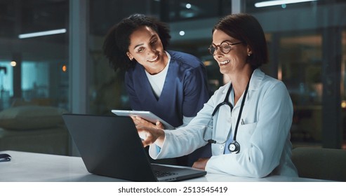 Night, doctor and surgeon on tablet for reading online for good news or schedule in hospital on digital app. Medical results, overtime or happy woman with technology, clinic website or telehealth - Powered by Shutterstock