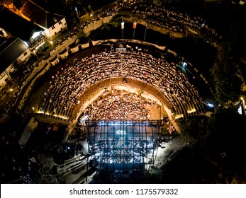 Night Drone View Of A Full Amphitheatre Concert