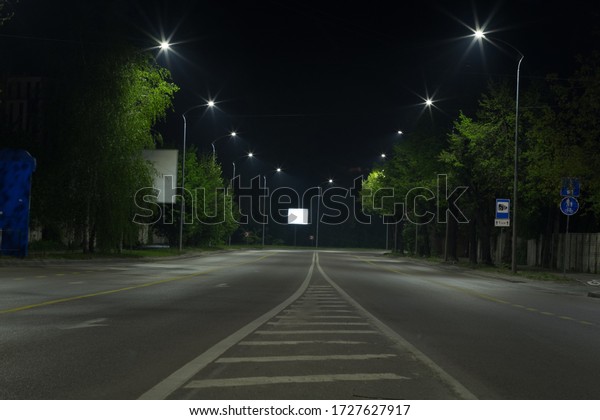 The night\
empty road is illuminated by\
lanterns