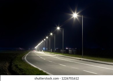 Night Empty Road With Modern LED Street Lights