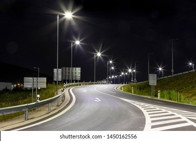 Night Empty Road With Modern LED Street Light