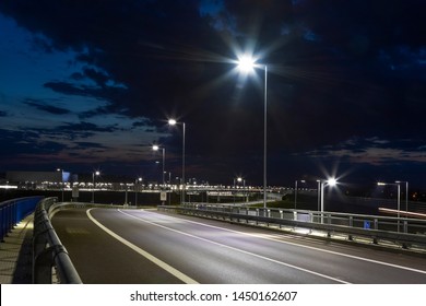 Night Empty Road With Modern LED Street Light