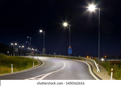 Night Empty Road With Modern LED Street Light