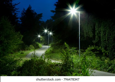 Night Empty Road With Modern LED Street Lights