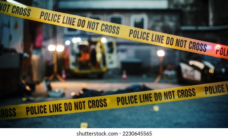Night Establishing Shot: Empty Crime Scene in Back Alley. Covered Victim's Body on the Floor with Marked Evidence. Paramedics, Police and Forensics are on Site. Do-not-Cross Tape Restricting the Area - Shutterstock ID 2230645565