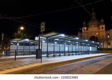 Night European Square Near Train Station Urban Landmark View With Tram Stop Infrastructure Object 