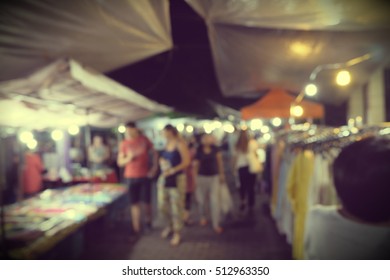 Night Festival Event Party On Street With People Blurred Background, Vintage Tone