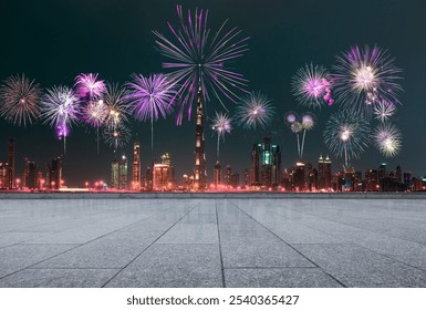 night firework celebration happy new year skyline city landscape road street outdoor cityscape modern - Powered by Shutterstock