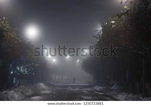 night fog in winter city, streets are shrouded by\
a shroud reducing visibility, high humidity, warming in December,\
shadows, silhouettes, scattered light of lanterns, Windows, trees\
in alley, people