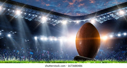 Night Football Arena In Lights With A Ball Close Up